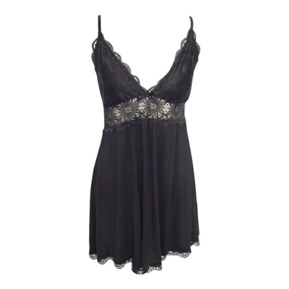 Osvtni Black Floral Lace Chemise Babydoll Size L Lingerie Scalloped Full Slip - Picture 1 of 13